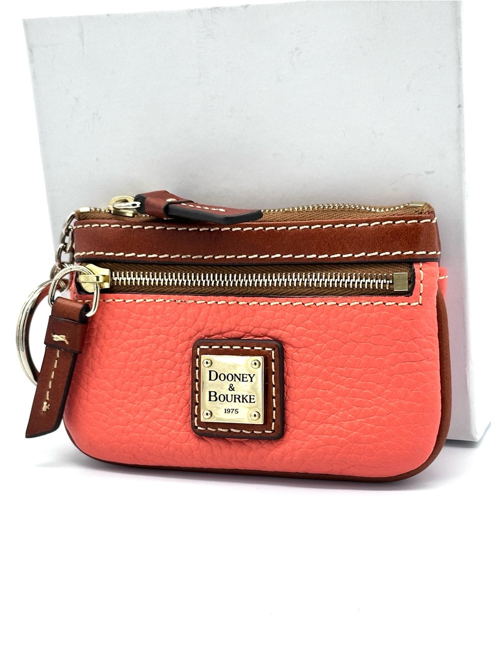 Dooney & Bourke Pebble Grain Small Coin Case Key Ring Wallet Pouch Coral